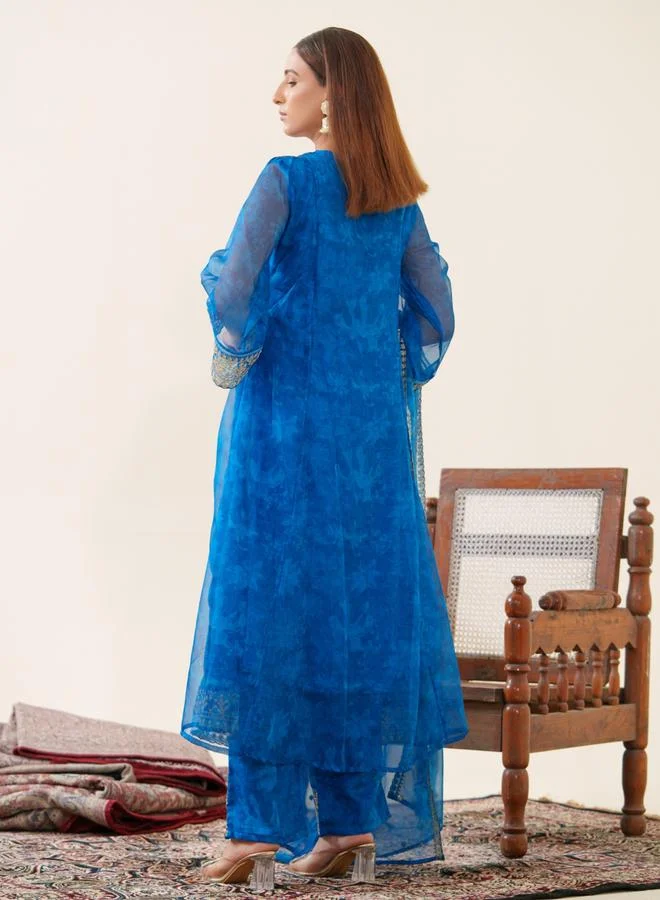 Dw  Women Floral Embroidered Organza Kurta with Trousers and Dupatta Set for Women | Best Price UAE